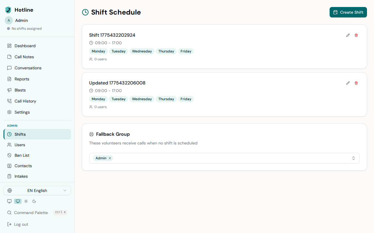 Shifts - Desktop view